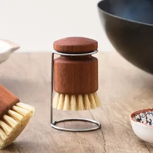 Wood Scrub Brush with Natural Hog Bristles, Solid Wood Handle and Drip Dry Rack, Heavy-Duty Yet Non-Scratch Design for Non-Stick Cookware, Ideal for Cleaning Pots, Pans, Dishes and Kitchen Surfaces, Durable Eco-Friendly Kitchen Tool