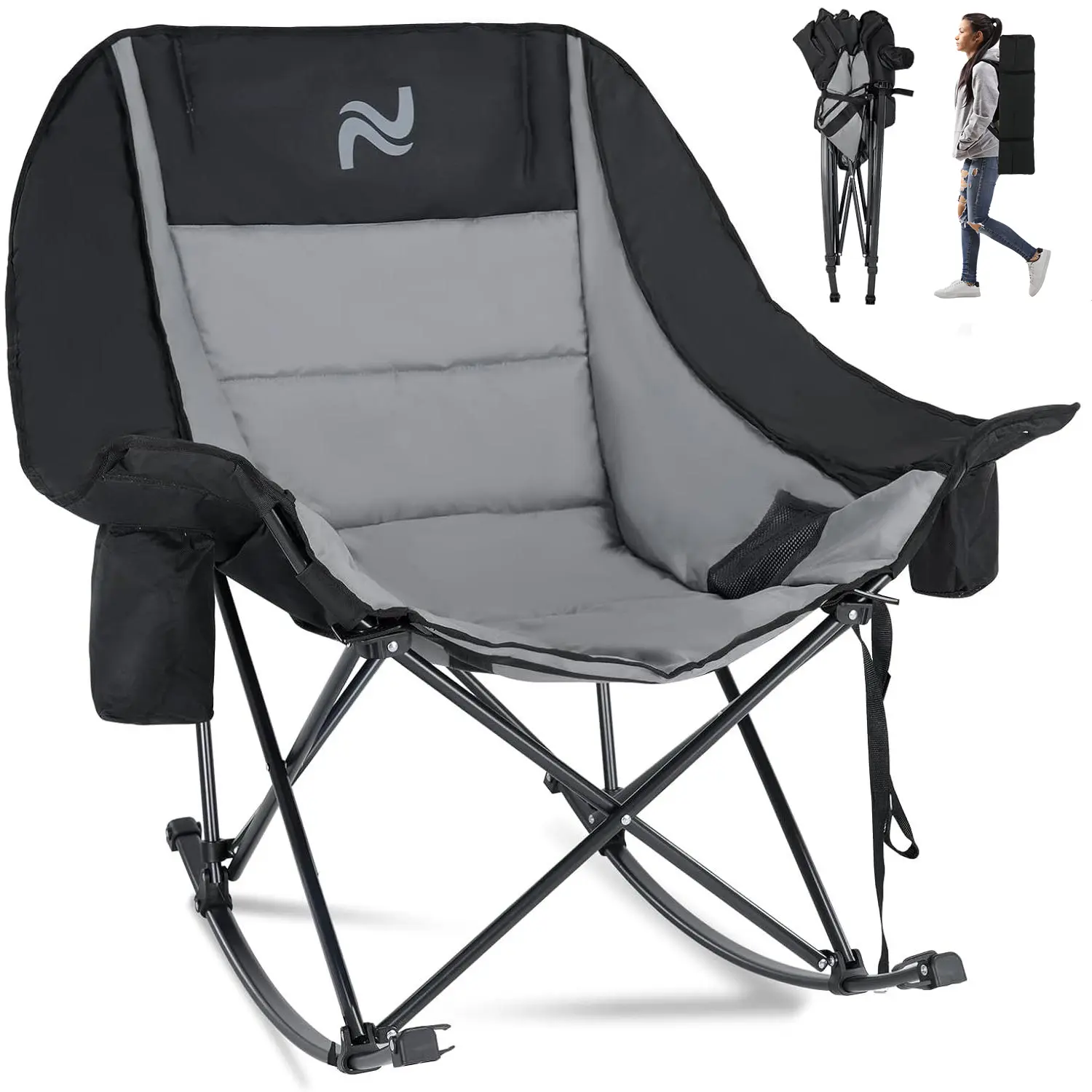 ABORON Rocking Camping Chair,XXL Oversized Folding Fully Padded Outdoor Lawn Chair with Side Pocket,Portable Recliner for Patio, Backyard, Beach,Camping,Fishing, Supports 400 lbs