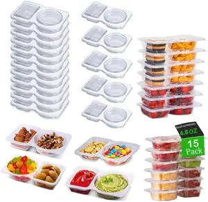 Double Compartment Condiment Container Reusable Double-Compartment Snack Container 2 Compartments Dipping With Lids Disposable Sauce Dip Containers Used For Take-out Condiments for Meals Picnic (Transparent 15PCS)