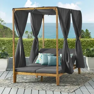[SOIYELIFE] Outdoor Daybed Sofa Bed - Teak Color Patio Lounge Chair with Waterproof Curtain, Adjustable Lounge Chair Design, Outdoor Seating with Two Adjustable Lounge Chairs Covered with Waterproof Plush Cushions, Suitable for Backyard/Garden