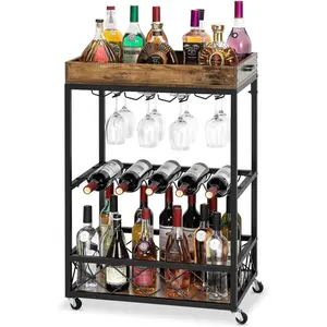 Rolling Wine Cart with Glass Stemware Rack, Wine Bottle Holders, Industrial Vintage Style Mobile Bar Serving Cart for Living Room and Kitchen pedestal sink storage cabinet kitchen cabinets storage cabinets black marble cabinets plastic dresser