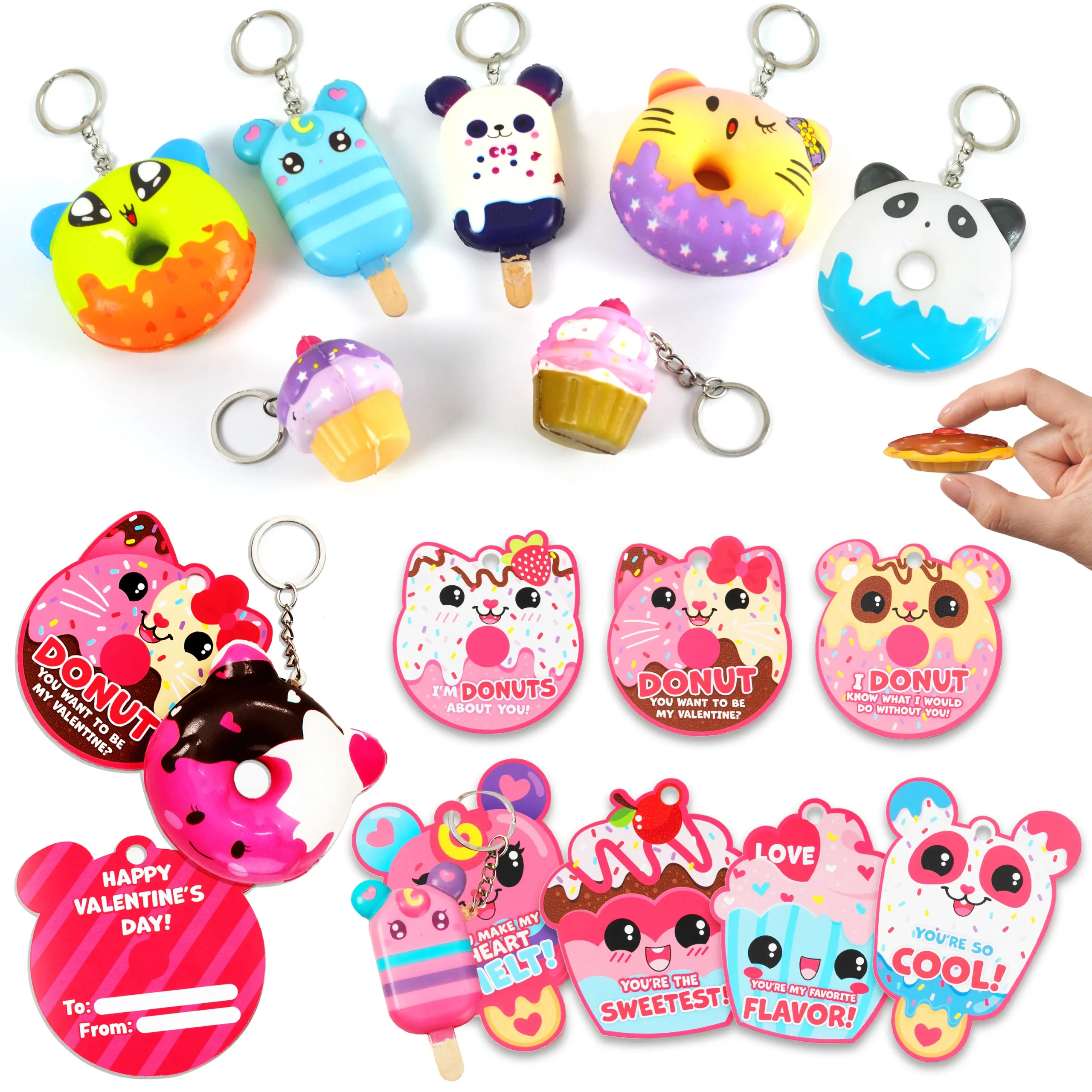 28Pcs Dessert Squishy Toys Keychains with Kids Valentines Cards For Classroom Exchange Gifts 2025 Valentine Exchange Cards / 28Pcs Kids Valentines Car