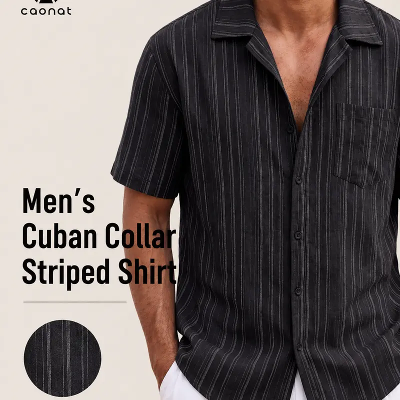Men's Striped Button-Up Shirt with Camp Collar and Pocket, in a Loose-Fit Breathable Fabric for Summer Streetwear, Streetwear Ready, Easy Streetwear For Hangouts