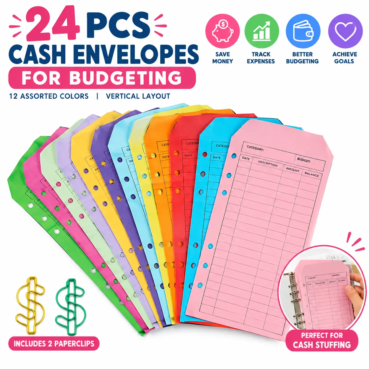 24 Pcs Cash Envelopes for Budgeting, Cardstock Budget Envelope System for Tracking Money Savings, 12 Assorted Colors, Vertical Layout