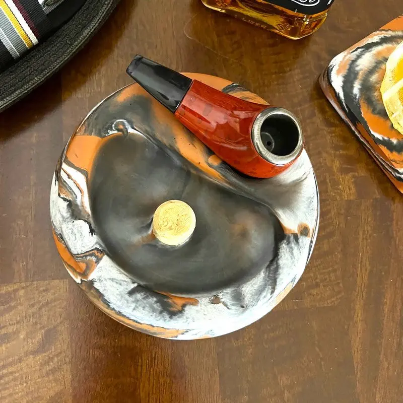 Terracotta Marbled Concrete Pipe Ashtray with Cork Knocker