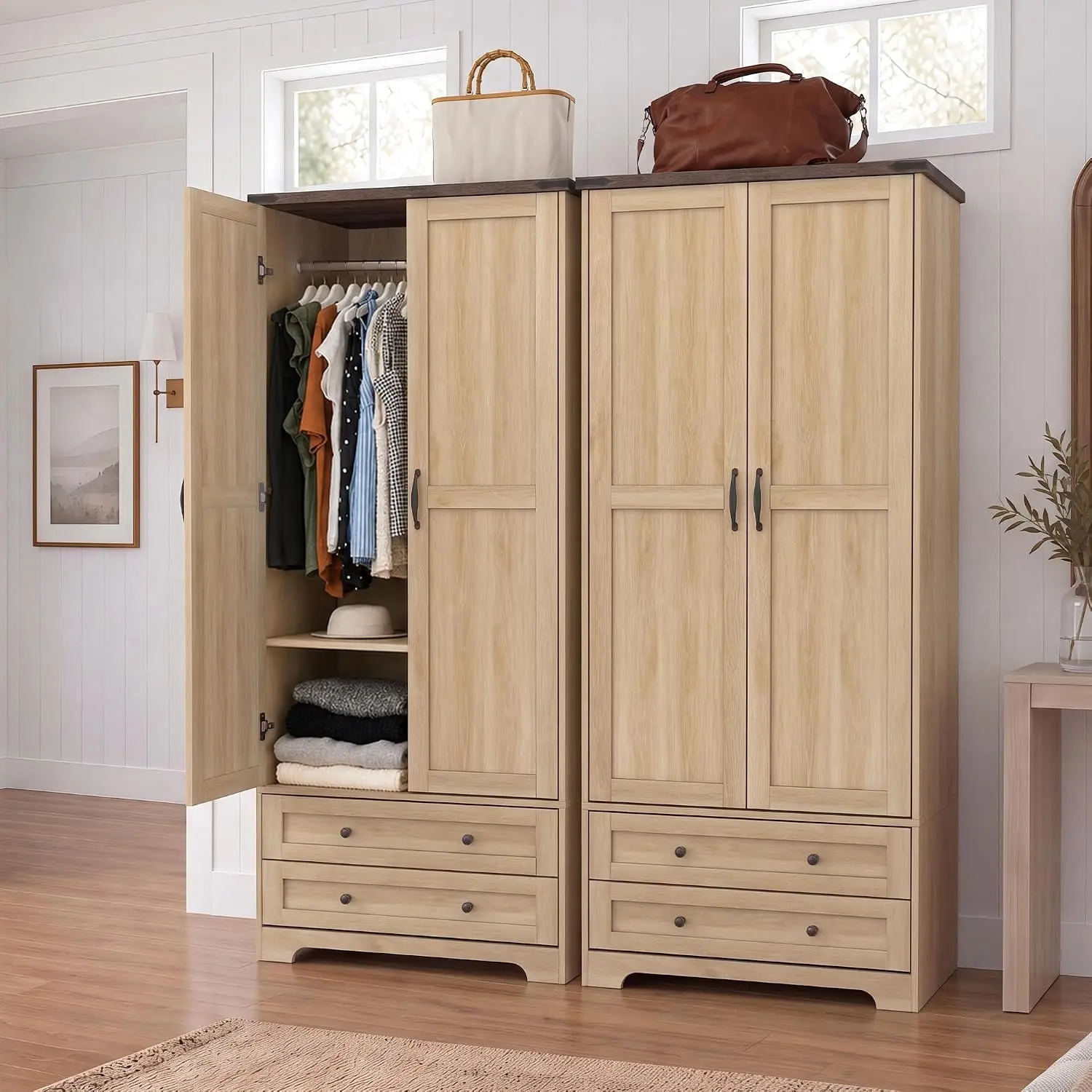 71" Wooden Armoire Wardrobe Closet Set of 2, 4 Doors & 4 Drawers | Modern Tall Storage Cabinet with 2 Adjustable Shelves and Hanging Rail, Sturdy Freestanding, Wide Drawers, For Bedroom (Natural, White, Grey)