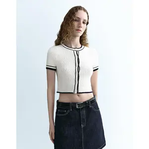 URBAN REVIVO 2026 Spring New Women's Skinny Cropped Knitwear Cardigan - Contrast Piping Textured Cotton Fabric, Short Sleeves, Fitted Button-Up Crew Neck, 18.5cm Length, Multi-Size Casual Top UYY940001