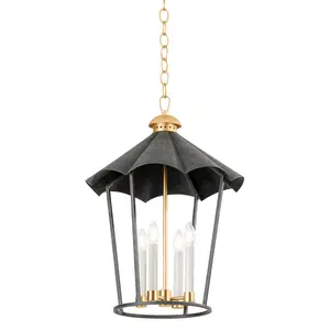 Wildomar Vintage Lantern - Large French Iron & Vintage Gold Leaf with Ruffled Hood Design