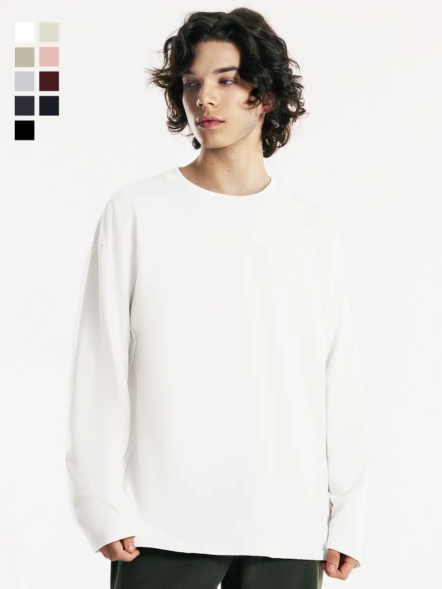 Men's Black Streetwear Tshirt in Heavy Cotton, Oversized Baggy Fit Long Sleeve Menswear with Round Neck, Oversize, T-Shirt