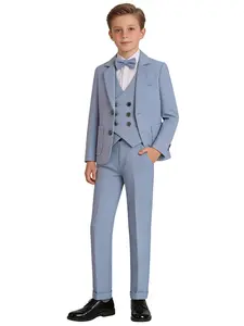 4-Piece Boys Dress Suit Set - Elegant Formal Style with Complete 4-Piece Ensemble (Blazer, Vest, Trousers, Bow Tie) - Suitable for Kids Wedding, Graduation & Special Occasions (Gray/Blue/Beige)-23710