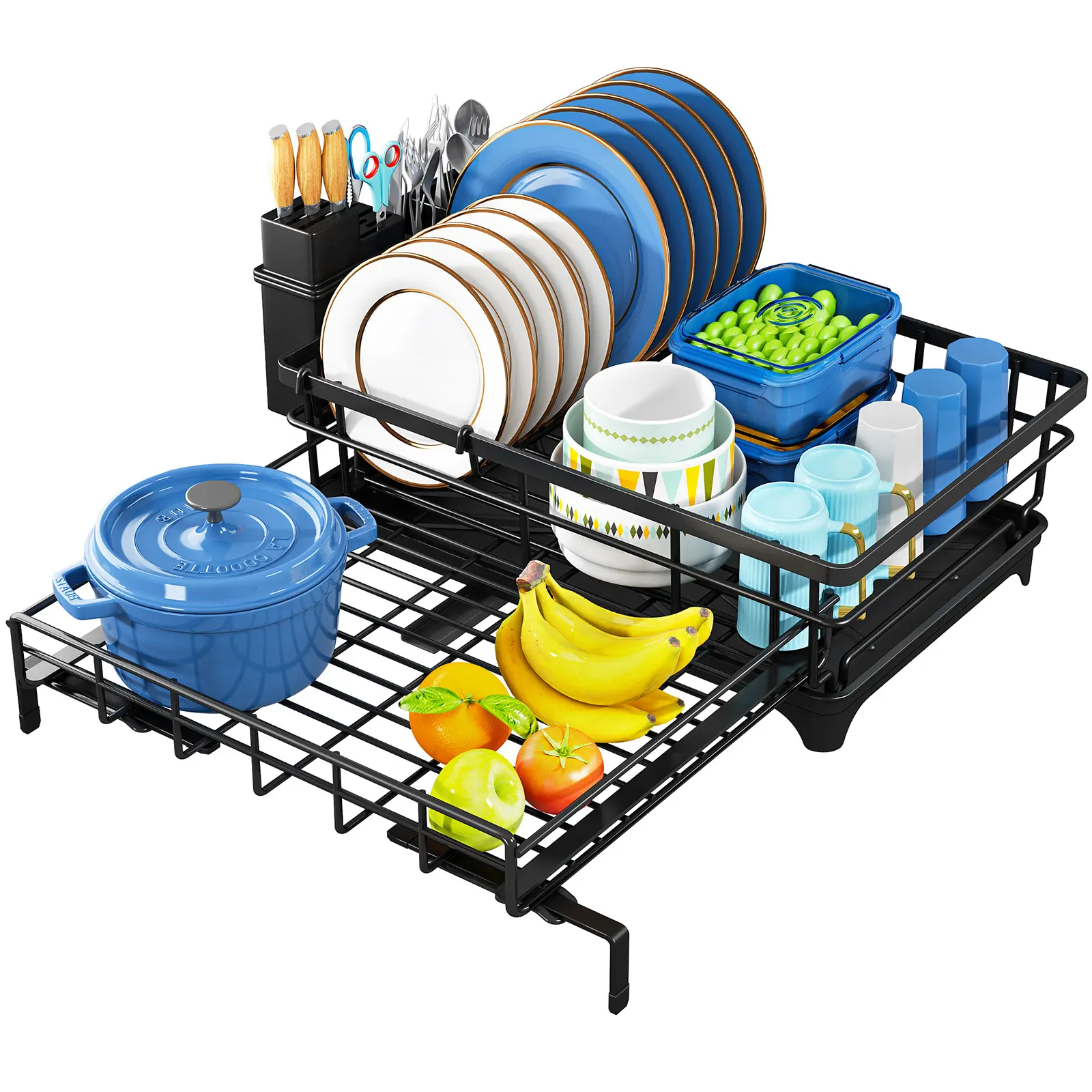 Over-the-Sink Dish Drying Rack with Pull-Out Drain Board, Stainless Steel Large-Capacity Kitchen Sink Organizer for Dishes, Cups, Knives, Fruits, Side Knife & Chopstick Holder, Multifunctional Drain Rack for Busy Households, Kitchen Accessories