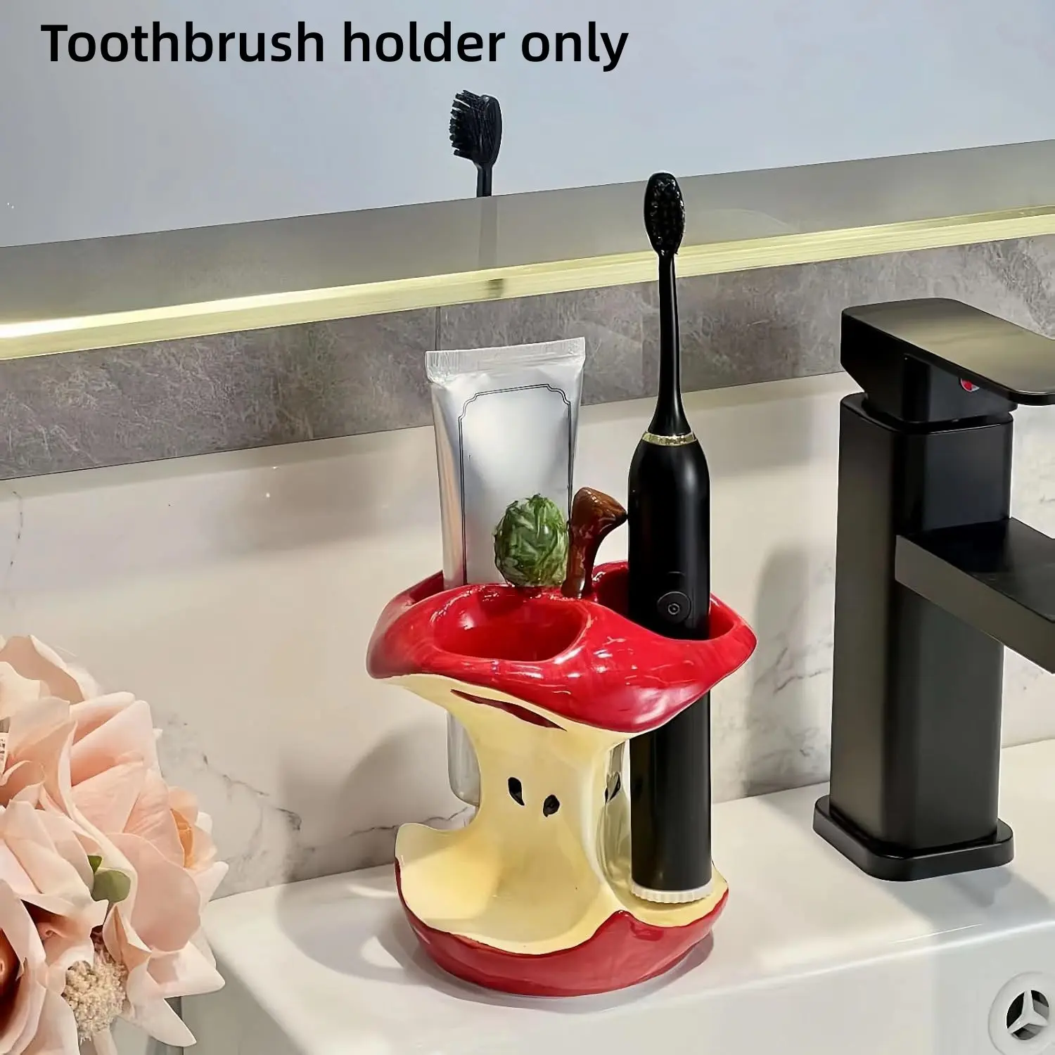 Apple Core Ceramic Toothbrush Holder, 3 Slot Bathroom Organizer, Cute Fruit Core Design, Glazed Vanity Stand, Fits Slim Electric Brushes, Bathroom Accessory, Tooth Brush Holder For Bathroom, Toothbrush Storage, Toothbrush Holders For Bathrooms