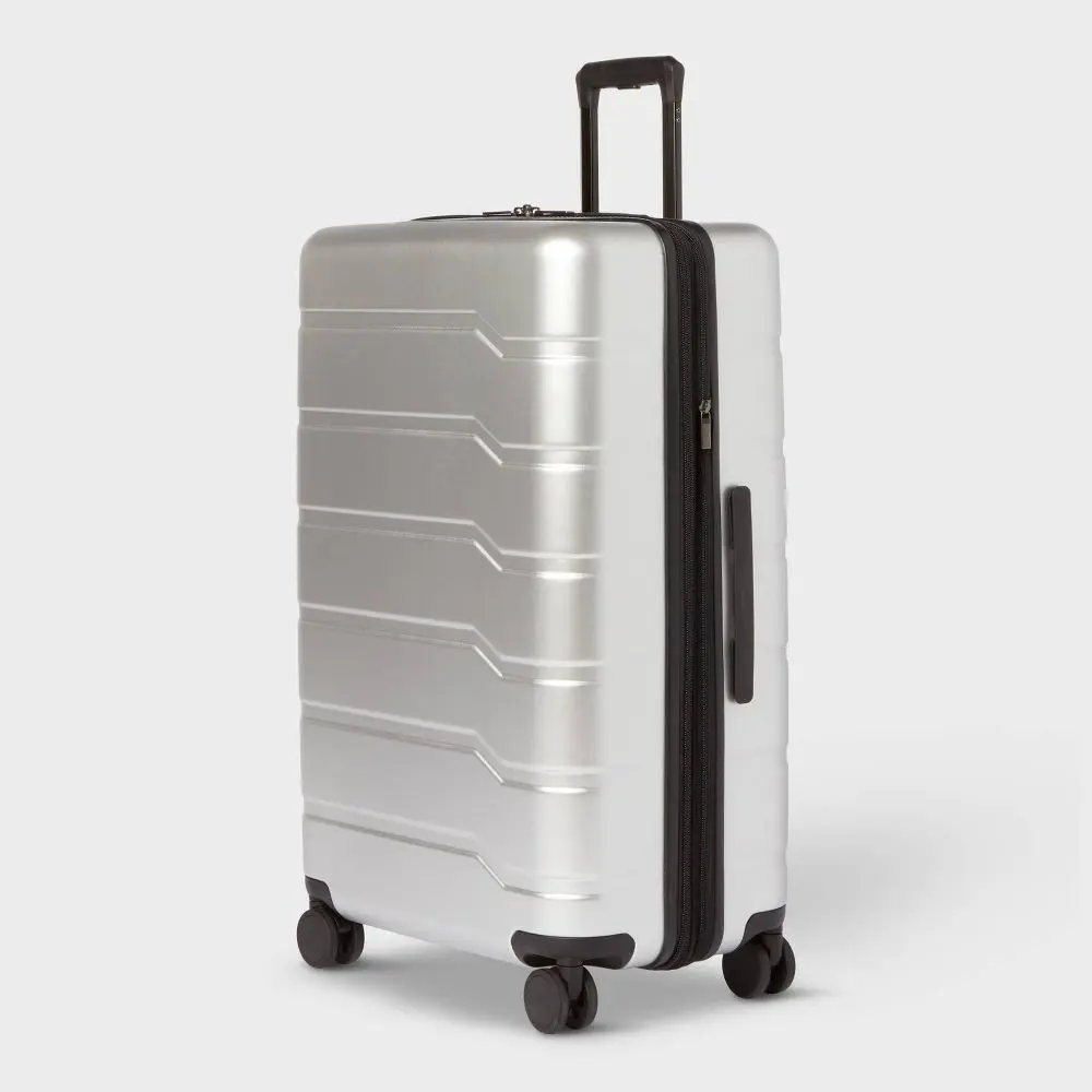 Large Checked Hardside Suitcase - Open Story Silver