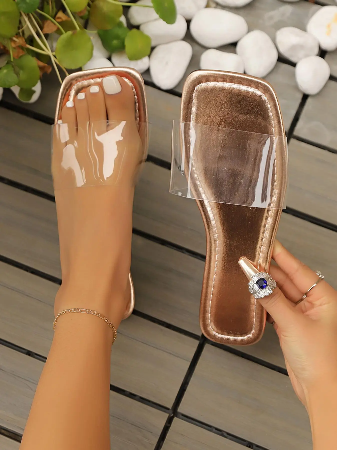 Women's Fashionable Transparent Band Slide Sandals, Casual Comfortable Flat Sandals for Summer, Lightweight Breathable Shoes for Beach Vacation, Footw