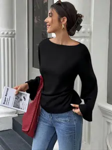 Women's solid-color tie-waist bell-sleeve versatile casual fashion Fit T-shirt, suitable for spring and autumn, perfect for casual outings, gatherings, home wear, travel, work, and bar occasions.