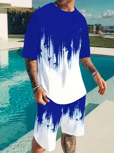 Summer Men's Outdoor Quick-Dry Short Sleeve T-Shirt + Shorts Set, Geometric Print Vintage Style, Street Trend Essential, Casual Fitness Running Wear