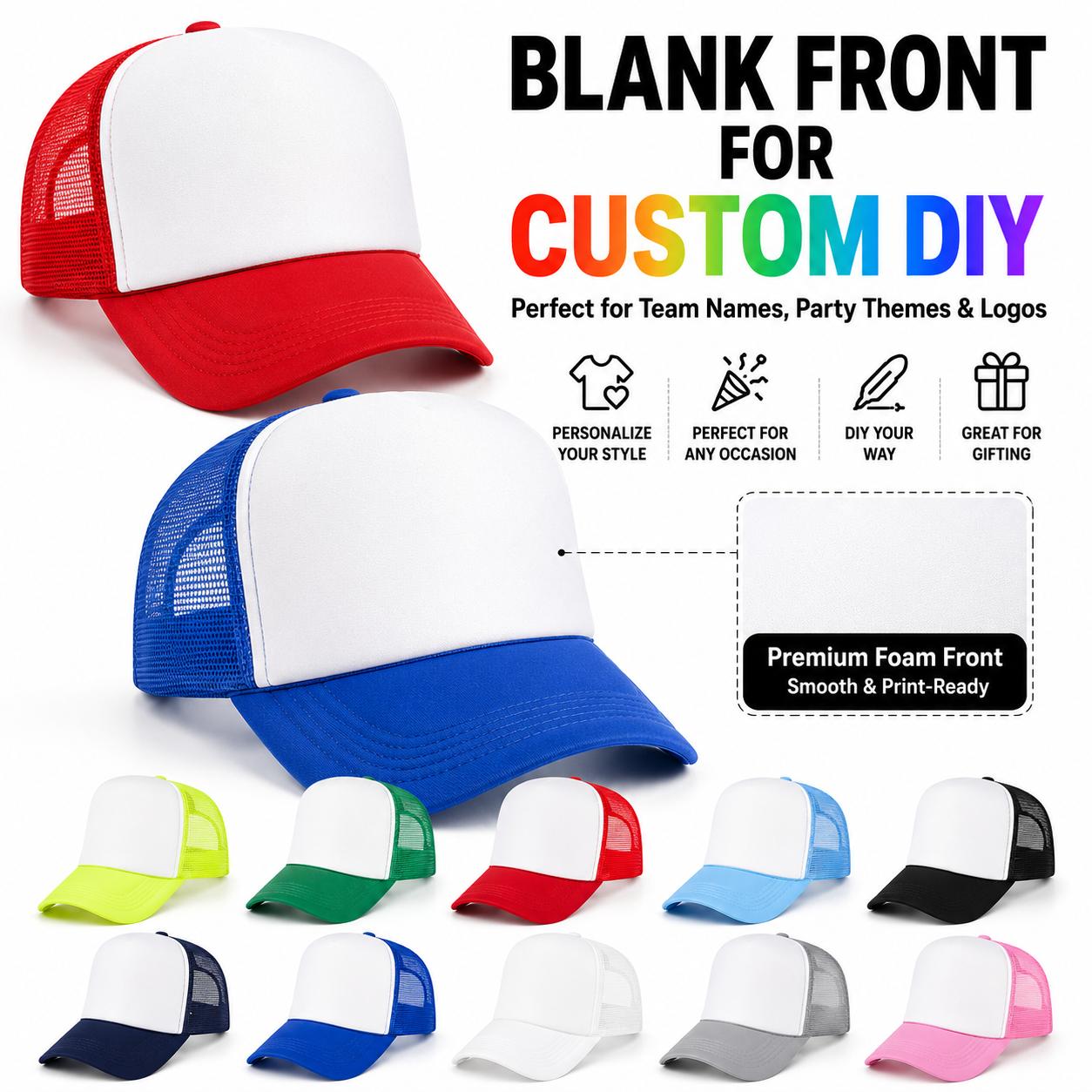 10-Pack Blank Foam Trucker Hats - Adjustable Mesh Snapback, 10-Color Bulk Baseball Caps, Breathable Mesh Netting Hats for Custom DIY, Parties, Breathable Mesh Hats 10-Pack Blank Foam Trucker Hats - Adjustable Mesh Snapback, 10-Color Bulk Baseball Caps, Breathable Mesh Netting Hats for Custom DIY, Parties, Breathable Mesh Hats