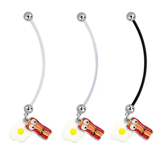 Pack of 3 Pcs 14G Pregnancy Belly Button Rings Flexible Maternity Belly Button Rings 50mm Clear Super Long Bar Pregnancy Belly Rings Cute Hypoallergenic Sport Navel Rings for Women Black Pan Bacon with eggs
