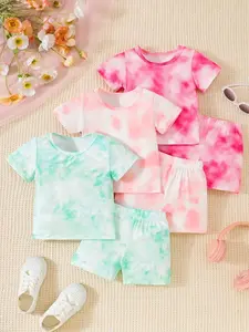 6-Piece Baby Girl Tie-Dye Short Sleeve T-Shirt & Shorts Set, Summer Outdoor Camping, Vacation Wear, Casual Cartoon Pattern, Slim-Fit