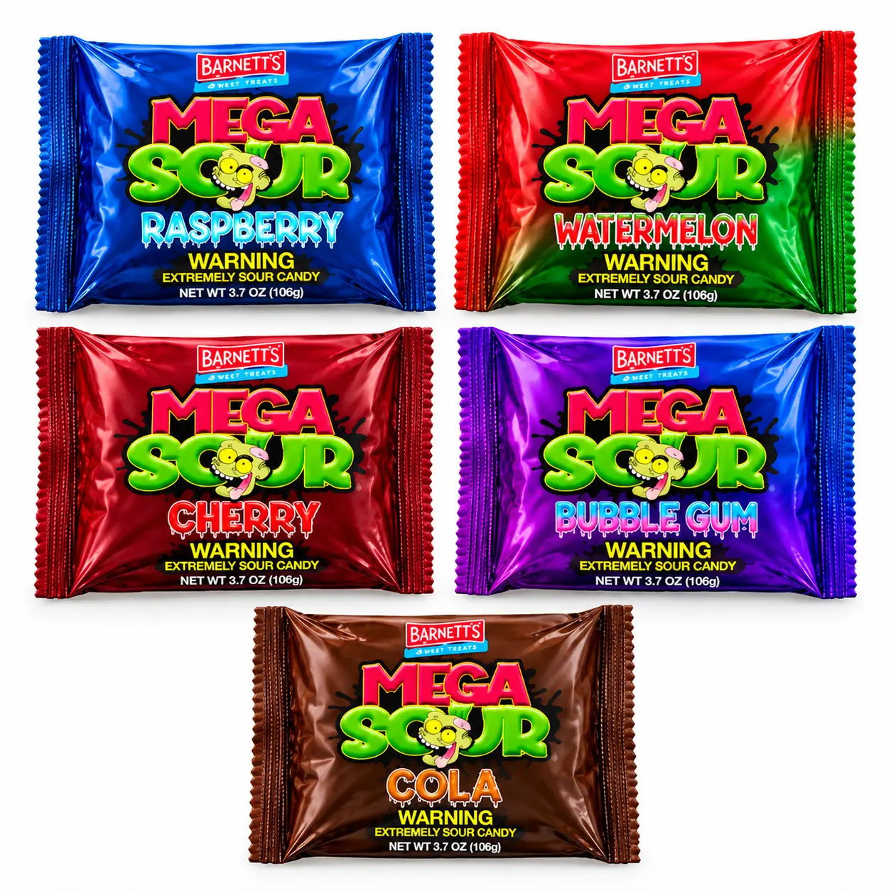 Barnett's Mega Sour Balls 3.7oz Bags - Fruit Flavored Candy (Bubble Gum, Raspberry, Watermelon, Cola, Cherry) - UK Traditional Bicarbonate of Soda Fizz Soda Center Gluten Free Cupboard Snack - Imported Treat with 20-Second Endurance Test & Cherry Sour Hit