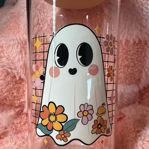 Mystery Fall & Halloween Iced Coffee Cup - glass cup with straw, bookish & specialty designs, handmade, autumn, ghosts