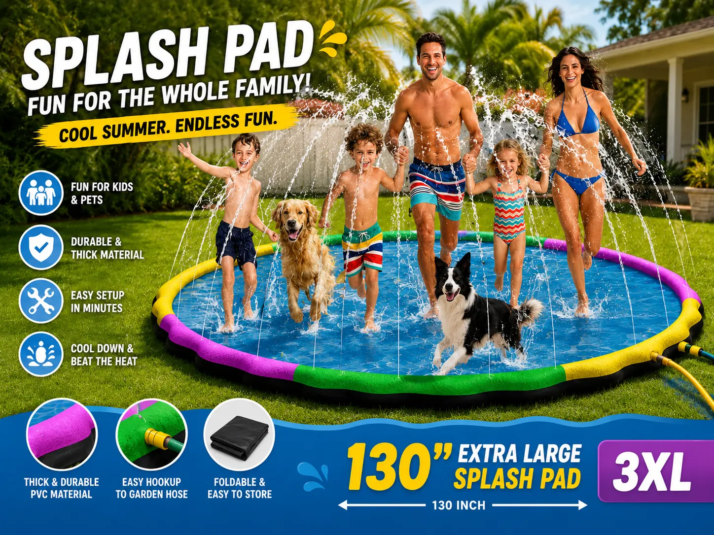 130" x 130" Extra Large Non-Slip Splash Pad with Adjustable Sprinkler Settings. Designed for dogs, kids, teens, and adults. This over sized 11 ft splash pad brings refreshing summer fun to any backyard.  Perfect for outdoor play, and hot summer days.