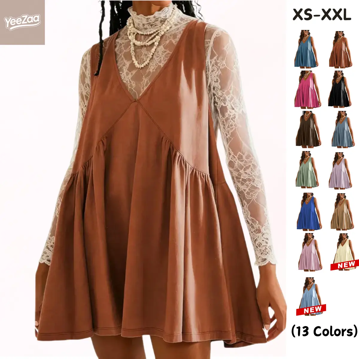 YeeZaa V Neck Mini Dress Loose Sundress for Women 2025 TikTokShopHolidayHaul Christmas Sleeveless Pleated Swing Flowy All Seasons 100% Cotton Minimalist Basic Summer Dress Casual Womenswear Vneck with Side Pockets & Dropped Armholes Piece