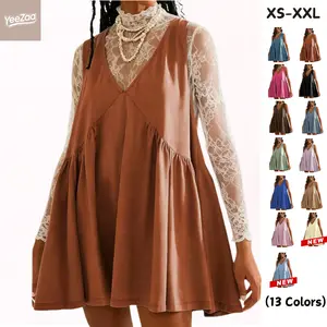 YeeZaa V Neck Mini Dress Loose Sundress for Women 2025 TikTokShopHolidayHaul Christmas Sleeveless Pleated Swing Flowy All Seasons 100% Cotton Minimalist Basic Summer Dress Casual Womenswear Vneck with Side Pockets & Dropped Armholes Piece