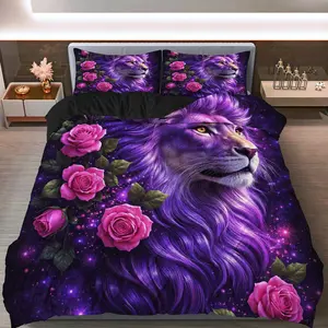 3PCS Duvet Cover Set, 1 Duvet+2 Pillowcases(Without filler), Lion Rose Galaxy Purple theme, Christmas bedding set, Luxurious Artistic Vibrant Suitable for decoration Bedroom Living Room Guest Room Studio.