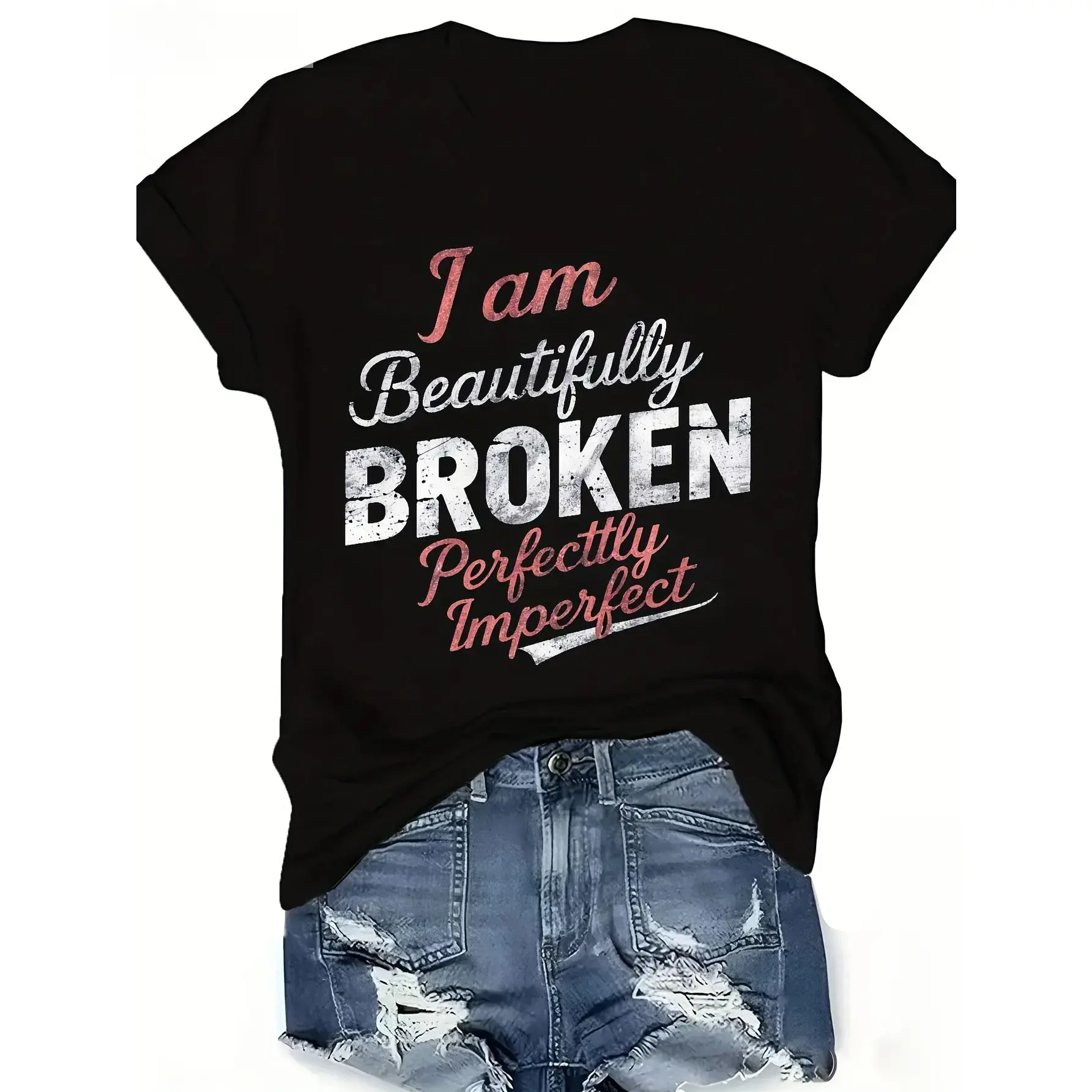 Women's Plus Size Graphic T-Shirt, Casual Summer Shortsleeve Round Neck Top with 'Beautifully Broken' Affirmation Print, Tshirt, Casual Wear, Short Sleeves