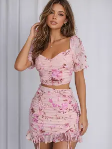 Floral Ruched Two-Piece Top & Skirt Set