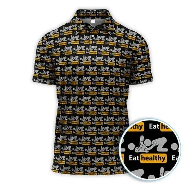 Funny Eat Healthy Golf Polo Shirt for Men – Crazy Lifestyle Pattern Polo, Healthy Food Theme Golf Shirt Gift for Golfers