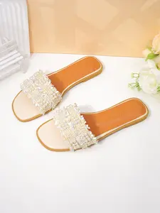 Women's Pearl and Sequin Fringe Sandals, Soft Leather-Like Material, Comfortable Flat Heel, Open Toe, Casual Summer Footwear