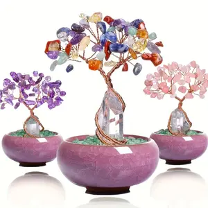 Crystals Tree with Clear Quartz Crystal, Amethyst, Pink Crystal Tree Desktop ornament Chirstmas Valentine' s Day Home Gifts - loose gemstones decor