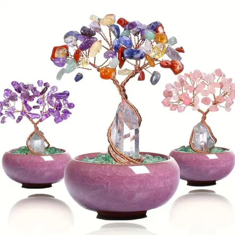 Unique Crystal Design Tree Statue - Rose Quartz Love, Amethyst, Tumbled Stones, Healing Energy, Meditation, Chakra Color Pick, Desktop Home Decor, Christmas Valentine's Day Gift with Loose Gemstones Accent