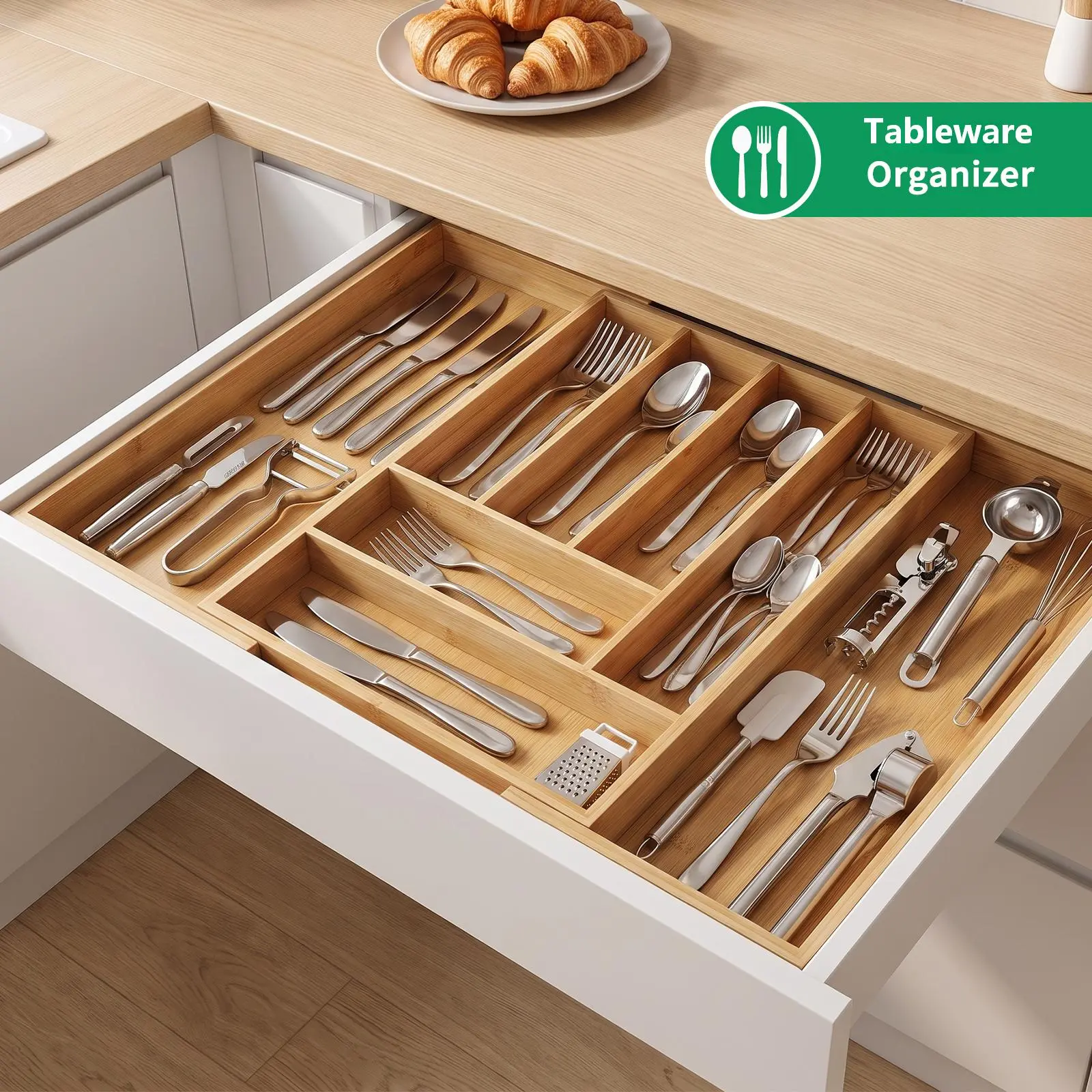 LOVEWE Eco-Friendly Bamboo Wooden Drawer Organizer - Expandable Utensil Silverware Tray, Adjustable Cutlery Divider, Easy-Clean Storage for Kitchen, Bathroom