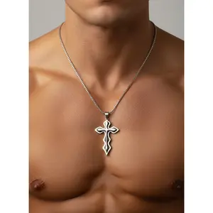 Men's Medieval Stainless Steel Cross and Hydro Black Chain Pendant, non-tarnishing hydro black and silver finish.