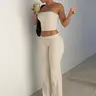 Two-Piece Set Women's Solid Basic Crop Strapless Fitted Tube Top & Foldover Waist Flare Leg Pants, Everyday Casual Fashion Cozy Fabric Outfits for Daily Outdoor Wear, Ladies Clothes for Summer, Casual Lounge Set