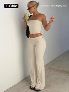 two-piece set women's solid crop tube strapless top & foldover waist flare leg pants, basic casual fashion cozy outfits for daily outdoor wear, ladies clothes for summer, womenswear