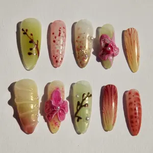 Orchid flower press-on nails, Acrylic Press On Nail, Summer Nails Seashells, Gen X Nail, Free Ship, Fast Shipping