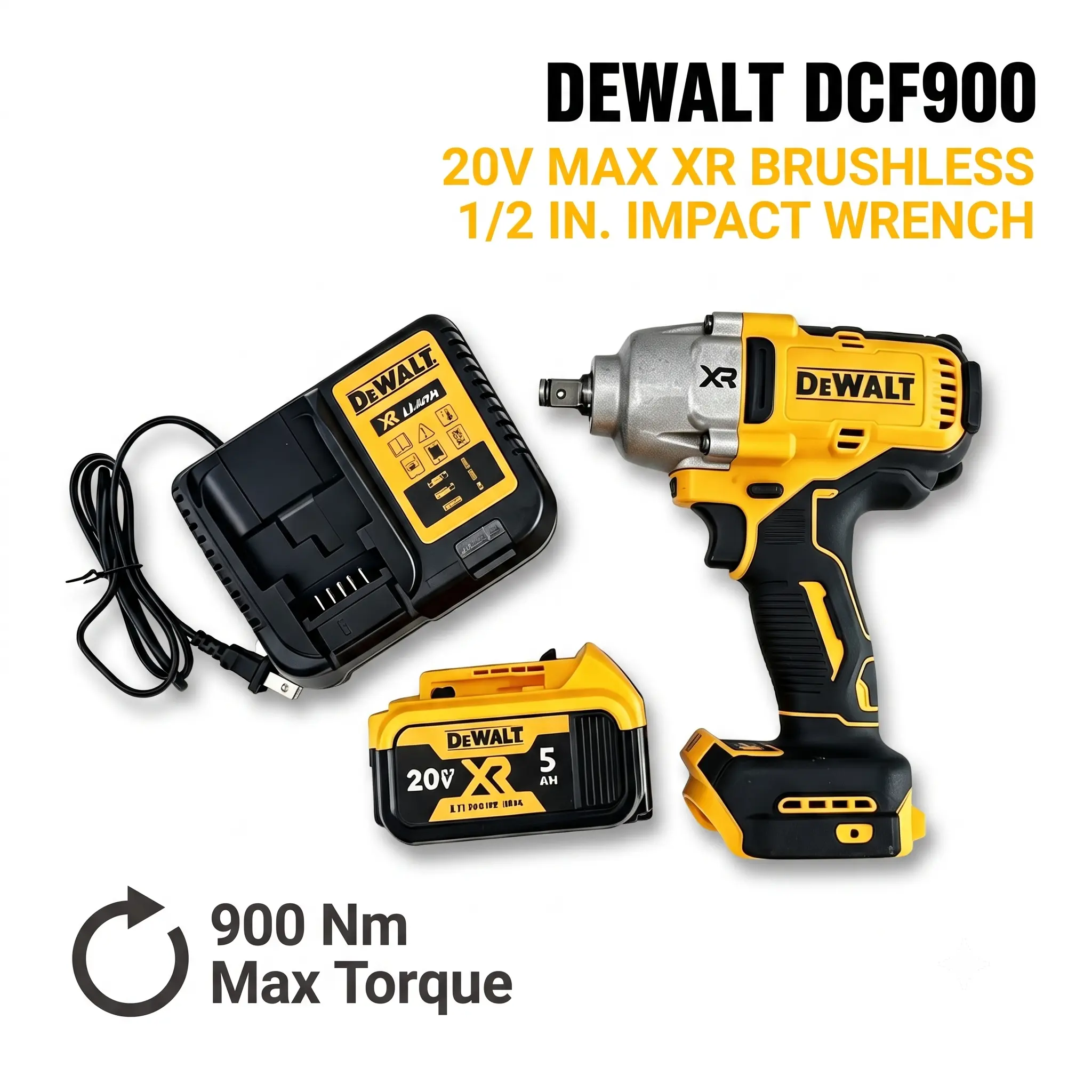 DEWALT 20V MAX Brushless Cordless Impact Wrench (DCF900) - 1/2 in Hog Ring Anvil, 900Nm High Torque Auto Repair Tool, Variable Speed 0-3000 RPM/0-3200 BPM for Truck Maintenance, Garage Use