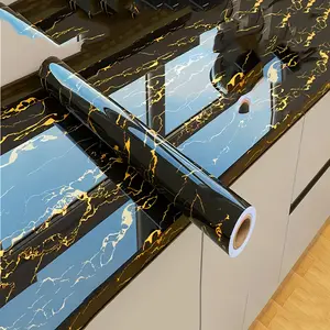 Glossy Black Gold Marble Contact Paper, 60cm x 500cm Peel-and-Stick Waterproof Anti-Oil Vinyl, Easy to Apply/Clean/Remove for Countertops, Kitchen Cabinets with Corners & Decorative Strips, Bathroom Table Furniture Decor