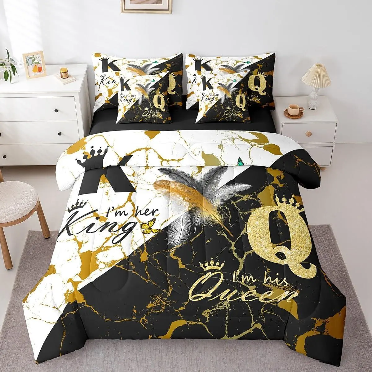 Comforters Set with Sheets Mr Mrs Bedding,7 Pieces Bed in a Bag Marble Bedding Sets with Comforter,Sheets,Pillowcases