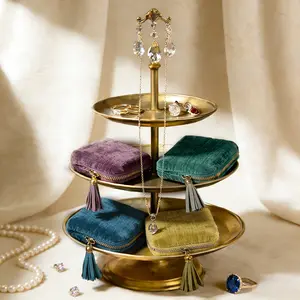 Jewelry bag Portable Organizer with 5 Compartments Velvet Exterior Satin Lining Tassel Zipper Design for Rings Bracelets Necklaces Tassel Bagss,Ideal gift for women，Mother's Day gift