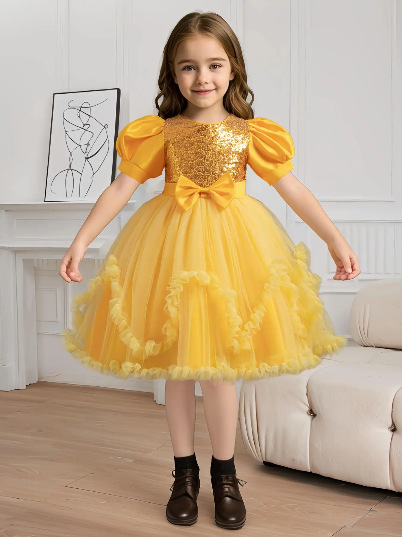 Girl's Plain Contrast Sequins Bow Decor Fit & Flare Party Dress, Elegant Puff Sleeve Zipper Back Formal Dress for Party Banquet, Kids Clothes for All