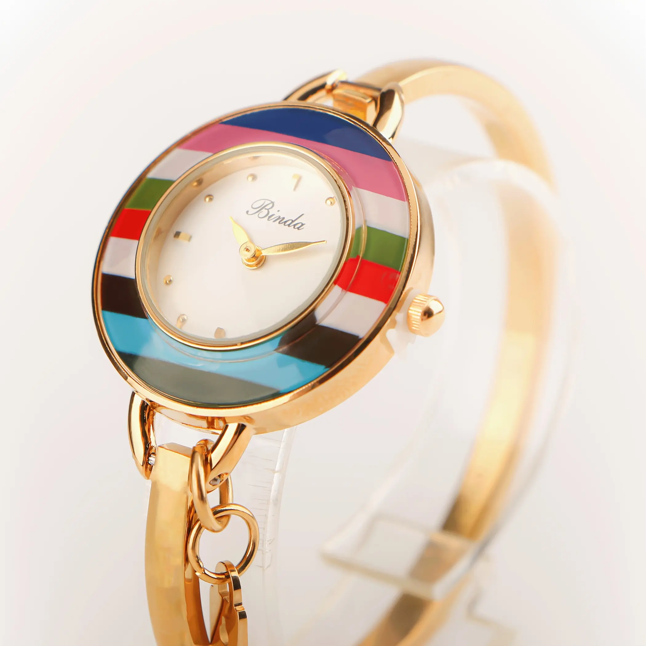 BINDA Women's 30mm Rainbow Bracelet Watch, Stainless Steel Band, Retro Quartz, Diamond Accents