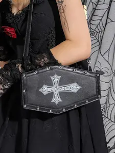 Halloween style dark Gothic style crossbody bag, cross rhinestone rivet decoration design dark series mini shoulder bag, niche unique personality trendy fashion bag, stylish crossbody bags, suitable for attending parties, etc.