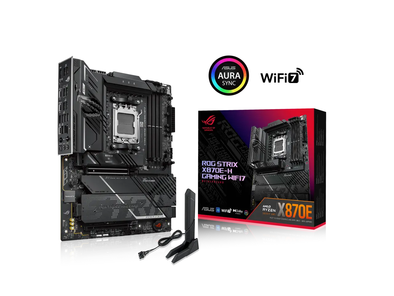 ASUS ROG STRIX X870E-H GAMING WIFI7 AMD X870E-H ATX motherboard with 16+2+1 power stages, Dynamic OC Switcher, Core Flex, DDR5 AEMP, WiFi 7, 4x M.2, PCIe 5.0, Q-Release, dual USB4 ports and USB 10Gbps Type-C