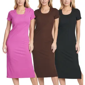 Real Essentials 3 Pack: Women's Ribbed Jersey Crew Neck Short Sleeve Midi Length Dress with Side Slit