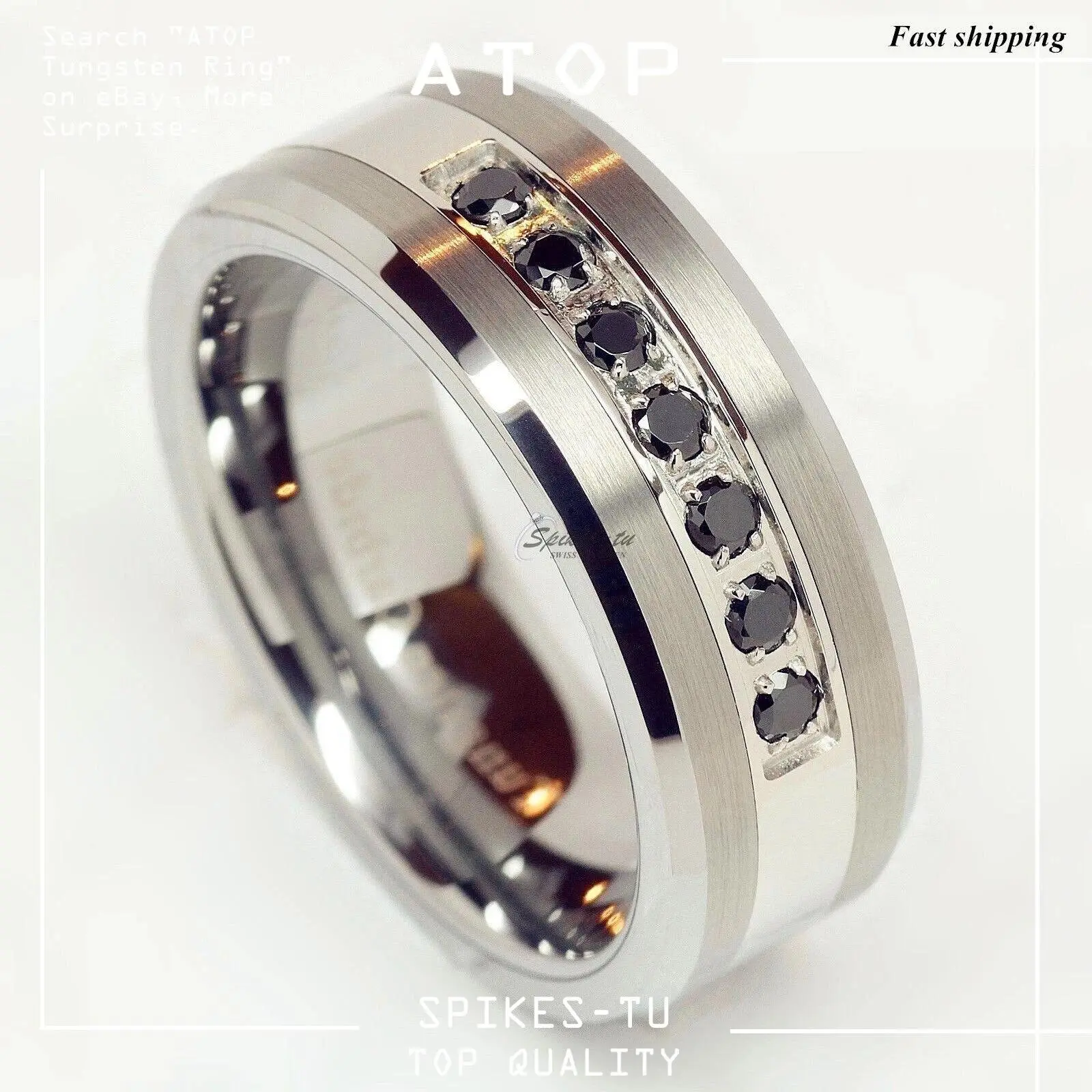 Luxury Tungsten Carbide Ring, Black CZ Inlay, Brushed Finish Male Wedding Band, Size Range 6-15